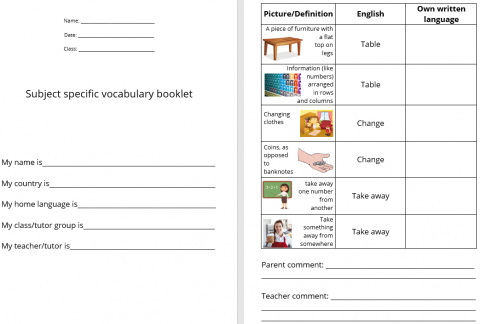 Subject-specific vocabulary book