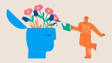 Illustration of a gardener watering flowers in a brain (training memory strategies)