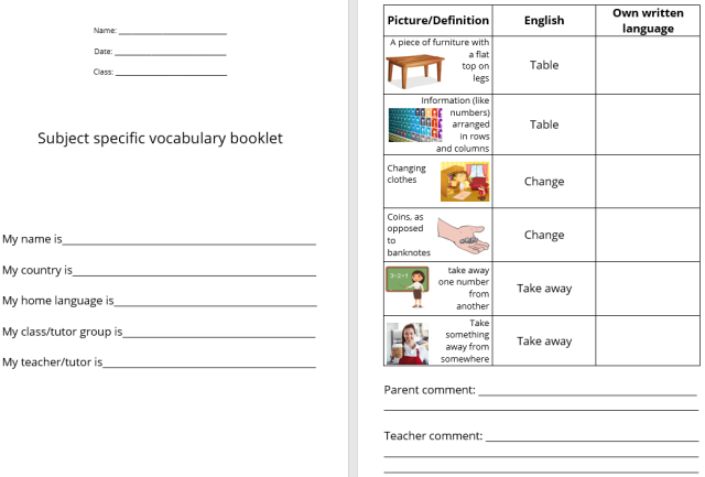 Subject-specific vocabulary book